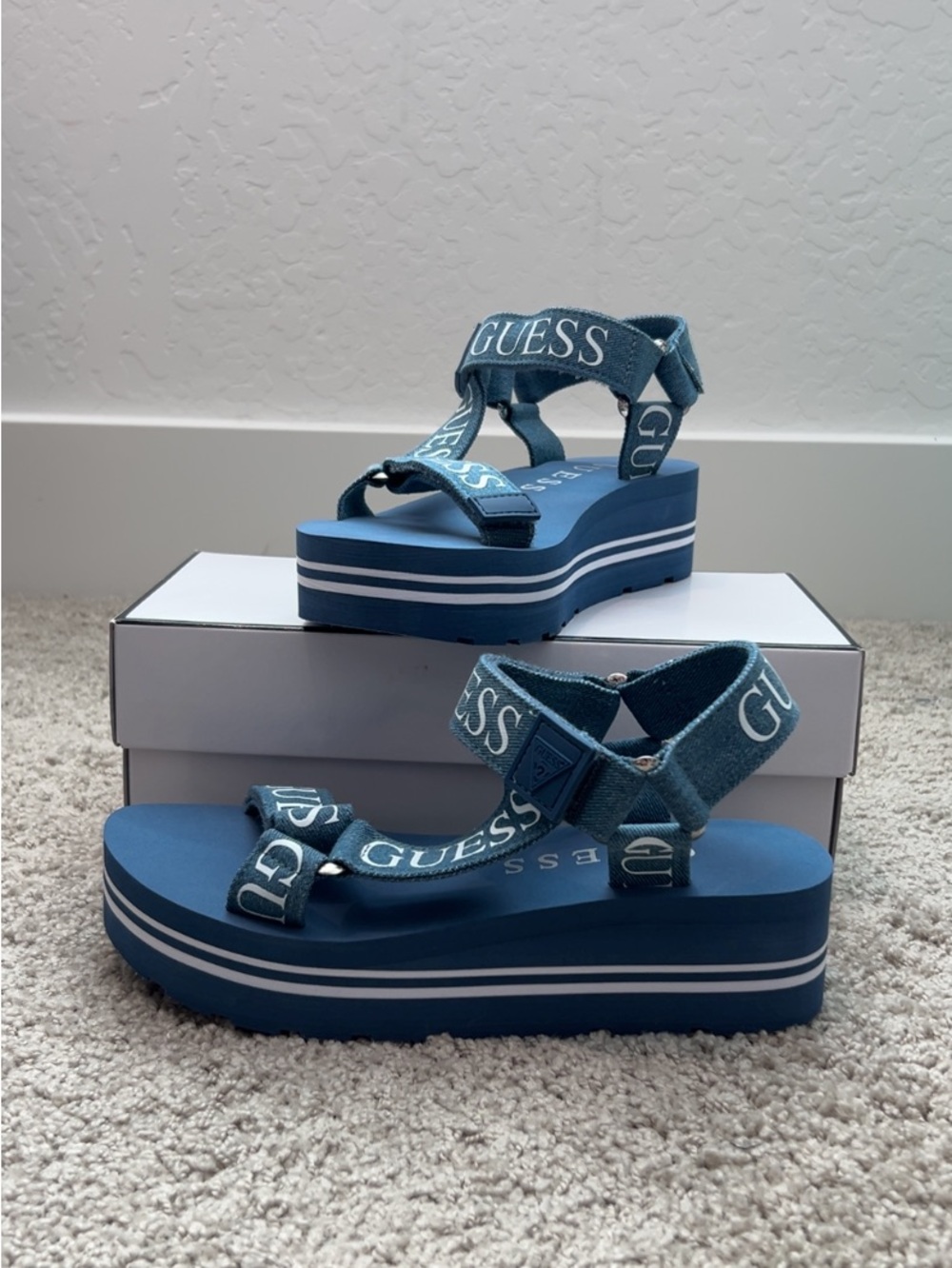 GUESS Women’s  Denim Blue Platform Logo Sandals